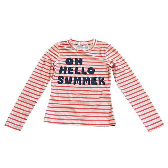 Old Navy Other - Old Navy Girls Swim Shirt Rash Guard Med Long Sleeve Striped Graphic Orange Navy